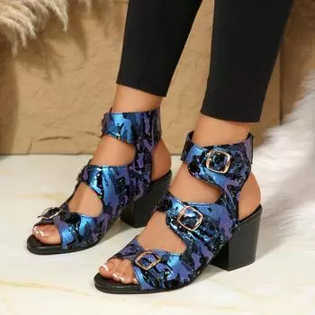 Босоножки на высоком каблуке с пряжкой для женщин Летом 2025 года Новые римские сандалии с полым верхом и массивным толстым каблуком 36 синий