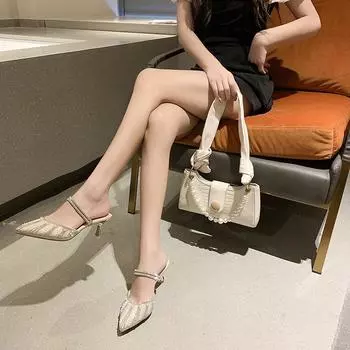 Босоножки на высоком каблуке с жемчугом и стразами женские новые одна туфля две фея французский темперамент сумка головка модные тапочки 34 бежевый