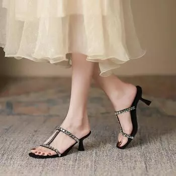 Босоножки на высоком каблуке со стразами и надписью, новые весенние женские сандалии с квадратной головкой, простые туфли на высоком каблуке на шпильке 34 чёрный