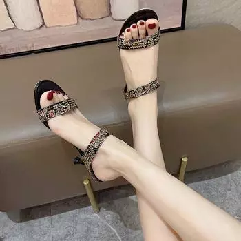 Босоножки на высоком каблуке в стиле ретро для женщин. Туфли без застежек со стразами и открытым носком. Туфли на высоком каблуке с открытым носком для женщин. Полутапочки. 34 чёрный
