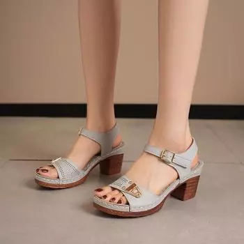 Босоножки на высоком каблуке в стиле ретро для женщин 2024 года, летние босоножки на толстом каблуке и платформе, женские повседневные пляжные римские сандалии с ремешками на щиколотке 36 розовый