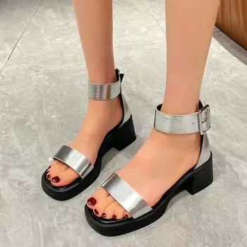 Босоножки на высоком каблуке женские летние 2024 года, новые британские босоножки с застежкой-молнией и толстым каблуком в форме рыбьего рта 34 серебряный