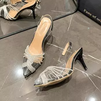 Босоножки на высоком каблуке женские новые весна-лето 2025 тонкий каблук заостренный стразы темперамент светская львица фея французские босоножки 36 серебряный