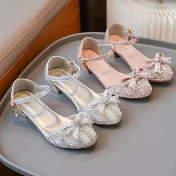 Босоножки с бантом для девочек 2024 года, летняя новая модная обувь принцессы для вечеринки, свадьбы, детские туфли на высоком каблуке со стразами, детская кожаная обувь 27 розовый