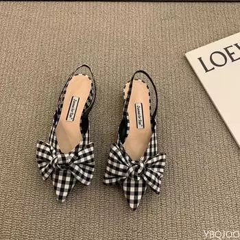 Босоножки с бантом женские летние 2024 года с острым носком на низком каблуке женские модные босоножки Baotou с тонким ремешком на высоком каблуке Sandalias De Mujer 35 чёрный