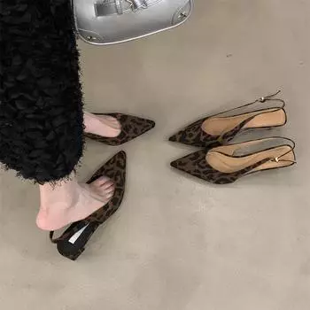 Босоножки с грубым каблуком и заостренным носком, женская обувь, лето 2024, новая нишевая юбка с леопардовым принтом, заостренные пустые туфли на высоком каблуке 35