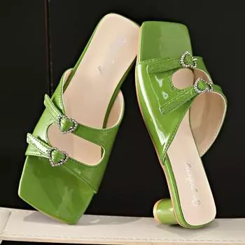 Босоножки с открытым носком и пряжкой из стразов, с острым носком, на тонком каблуке, женские тапочки разных цветов, летняя обувь для вечеринок 35 зелёный