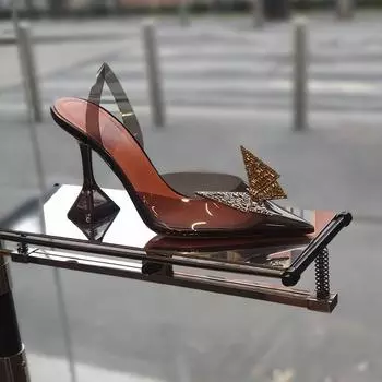 Босоножки с пряжкой в виде банта и бриллианта, лето 2024 г., новые сексуальные кожаные прозрачные туфли на шпильках с острым каблуком 34