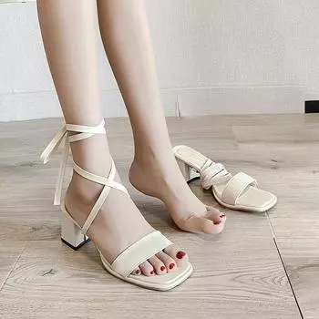 Босоножки с ремешками в стиле ретро, женские, летние с юбкой 2025, новые модные туфли на толстом каблуке, сказочный темперамент, универсальные туфли на высоком каблуке 34 чёрный