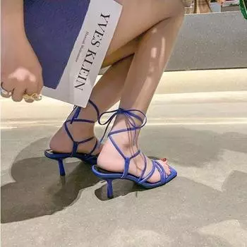 Босоножки с ремешками Женские летние новые комбинированные босоножки на высоком каблуке с открытым носком и шпилькой 35 чёрный