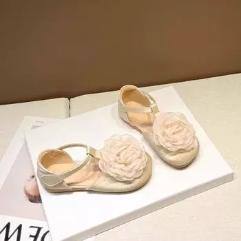 Босоножки с Т-образным ремешком и закрытыми носками для девочек, детские туфли принцессы с большими цветами, детские кожаные туфли для вечеринки, свадьбы, в стиле Лолиты 23 серебряный