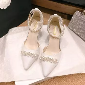 Босоножки с тонким каблуком и головкой-мешком, женская новая весенняя одежда, заостренные высокие каблуки, высокие смычки, неглубокий носок, бисерные одинарные туфли для женщин 34 белый