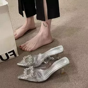 Босоножки с тонким каблуком и заостренным носком, весна 2025, новая корейская версия, женские туфли с юбкой, прозрачные туфли на высоком каблуке, темпераментные туфли со стразами 35