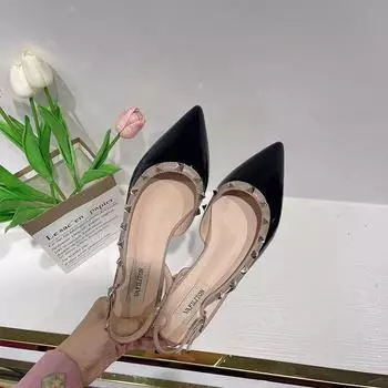 Босоножки с заклепками сбоку, женские, на плоской подошве, весна 2024, новые туфли с гвоздями и головкой, сексуальные, с острым носком, универсальные, одинарные туфли 35