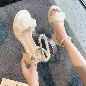 Босоножки с жемчугом женские летние 2025 новые интернет знаменитости сетчатые французские вечерние туфли на толстом каблуке в стиле феи на высоком каблуке римские туфли 35