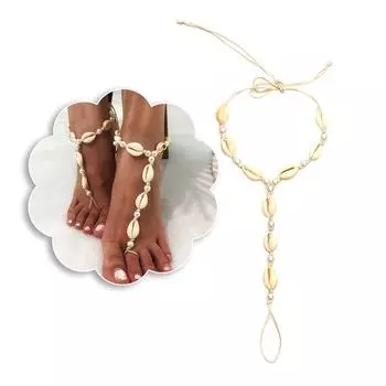 Босоножки с жемчужной ракушкой, браслет на щиколотку, кольцо на палец ноги, пляжный браслет на щиколотку