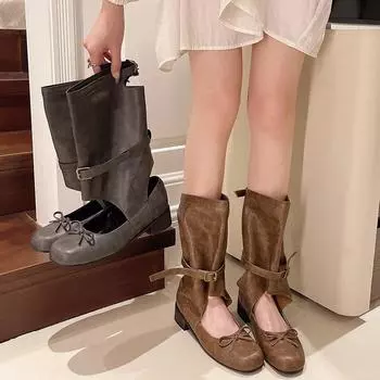 Босоножки-сапоги из корейского дизайна, женские, 2024 г., балетки с бантом, полусапожки на плоской подошве, туфли Мэри Джейн, модные универсальные короткие сапоги в стиле вестерн 35