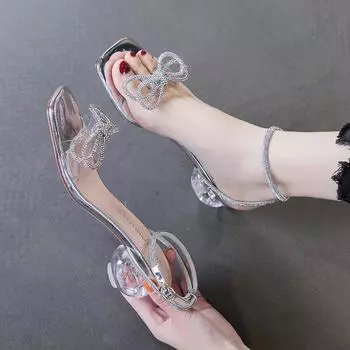 Босоножки со стразами и бантом, женские летние дизайнерские туфли на круглом каблуке с кристаллами, элегантные женские туфли для вечеринок 2024 35