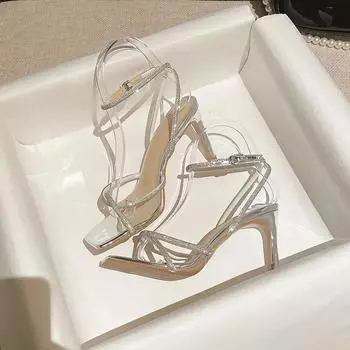 Босоножки со стразами и тонким ремешком, женские, на высоком каблуке, летние, сексуальные, с квадратным носком, с пряжкой на щиколотке, на шпильке, свадебные туфли для невесты, маленький размер 32-42 35 чёрный