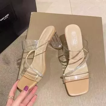 Босоножки со стразами на высоком каблуке 2025 года, большой размер, летние популярные модели с прозрачными босоножками, женская мода, сказочный стиль 35