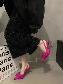 Босоножки в стиле феи с юбкой французские туфли-мешки вечерние туфли с бантом и острым носком на шпильке высокие каблуки весенние женские туфли 35 чёрный