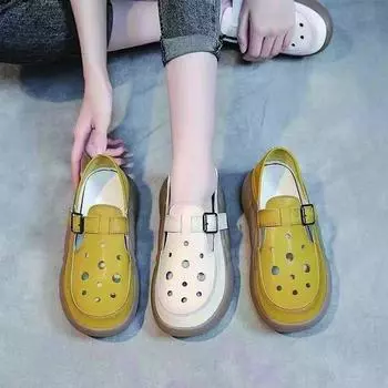 Босоножки в стиле ретро с мешком на голове, женская летняя одежда, новая модная обувь для мам, мягкая кожа, толстая подошва, дышащая, полая, с двумя отверстиями для ношения 35 белый