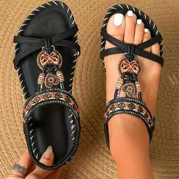 Босоножки женские на плоской подошве в стиле бохо больших размеров, повседневные слипоны на каблуке со стразами и цветочным принтом, пляжная обувь 35 чёрный