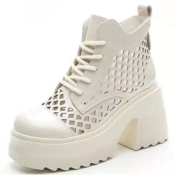 Босоножки женские на толстом каблуке и толстой подошве высотой 10 см из натуральной кожи, короткие сапоги, полые, повседневные, на шнуровке 34