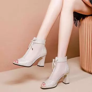 Босоножки женские на толстом каблуке с сеткой короткие сапоги 2024 новые весенние остроносые сапоги с открытым носком босоножки на высоком каблуке 34 чёрный