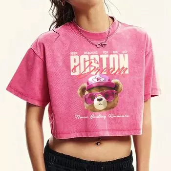 Boston Cartoon Pink Bear Printing Women Washed T Shirt Cotton Casual Short Sleeve Crewneck Crop Top M