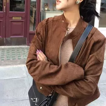 Бостонская текстура, замшевая американская средневековая куртка кожаная куртка Майяр короткая куртка женская S темно-коричневого