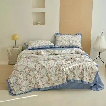 Botanical Flowers Pattern Ruffled Quilt Summer Cool Air Conditioning Quilt Skin-friendly Soft Thin Blanket for Kids Boys Girls 150x200cm Single 1Pc