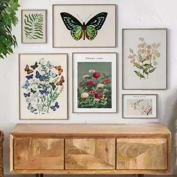 Ботаническая бабочка в стиле бохо, винтажная цветочная эклектичная настенная живопись, холст, скандинавский постер и принты, картина для декора гостиной 21x30cm No Framed