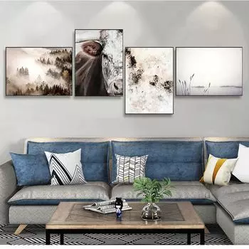 Ботаническая живопись, украшение для дома, картина, скандинавская корова, туманная гора, природный пейзаж, скандинавская настенная живопись, печать на холсте 21cm30cm NoFrame