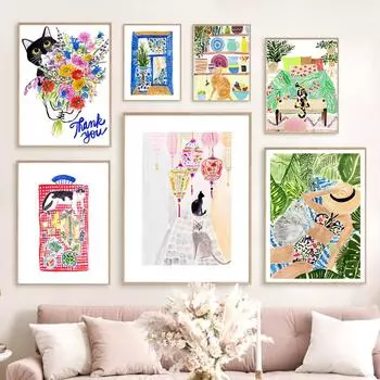 Ботанические листья джунгли плакаты кошка на столе холст картина подарок стена феминизм художественная печать картина для кухни спальня домашний декор 21x30cm No Framed белый