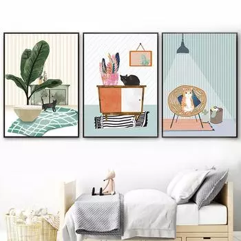 Ботанические постеры и принты, уютная жизнь, холст, картина для гостиной, милые домашние кошки, художественная картина, подарок на новоселье, домашний декор 21cm30cm NoFrame