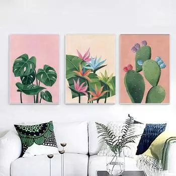 Ботанический кактус Монстера, настенная живопись на холсте, абстрактные растения, скандинавский постер и принт, женщина, кошка, фотографии, современный домашний декор, без рамки 21*30cm