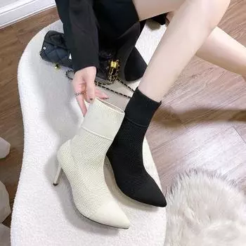 Botas Mujer Invierno 2024, женские ботинки на шпильке 7 см, большие размеры 42, эластичные ботильоны из эластичной ткани с острым носком, женские Zapatos 36 бежевый