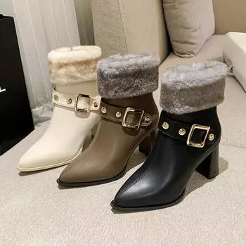Botas Mujer Invierno 2024, женские ботинки телесного цвета высокого качества, пикантные туфли на высоком каблуке с острым носком, плюшевые теплые женские короткие сапоги 34 бежевый