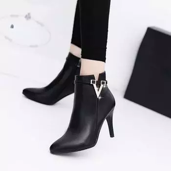 Botas Mujer Invierno Осенние туфли на шпильках с тонким высоким каблуком Женские туфли с острым носком из искусственной кожи на молнии Сексуальные женские ботильоны Botines Chelsea8 35 чёрный