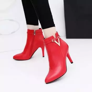 Botas Mujer Invierno Осенние туфли на шпильках с тонким высоким каблуком Женские туфли с острым носком из искусственной кожи на молнии Сексуальные женские ботильоны Botines Chelsea8 35 чёрный