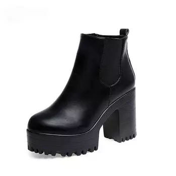 Botas Mujer Модные женские сапоги на квадратном каблуке и платформе Zapatos Mujer из искусственной кожи, высокие сапоги-лодочки, обувь для мотоциклистов 35 чёрный