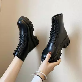 Botas/женские мотоциклетные ботильоны на танкетке, женские весенние черные кожаные оксфорды на платформе со шнуровкой, женские Botas Mujer 36