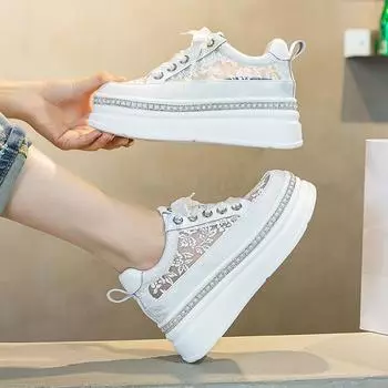 Ботильоны Air Mesh 2024, 7 см, эластичные, массивные, кроссовки, удобные, летние туфли-лодочки, модные, синтетические, вулканизированные, женские 34 бежевый