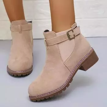 Ботильоны без застежек на щиколотку, современные, с низким каблуком и круглым носком, горячая распродажа, женская обувь, весна/осень, женские римские сапоги из коровьей замши с пряжкой 35