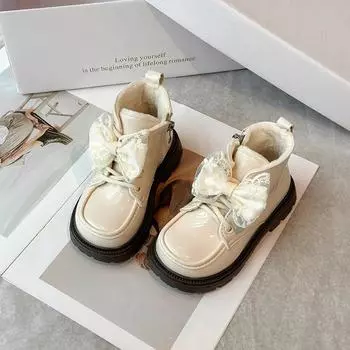 Ботильоны бежевого цвета с бантом для девочек, шикарные зимние ботинки для детей, трендовые детские модные хлопковые ботинки принцессы с толстой подошвой, универсальные 23 чёрный