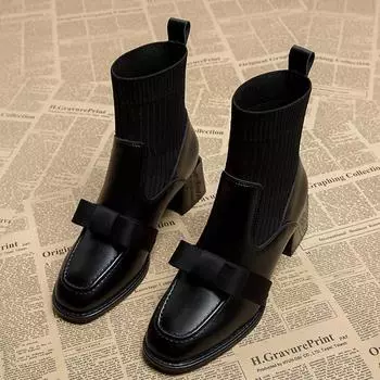 Ботильоны Bow Snow для женщин, зимняя обувь до середины голени, массивные дизайнерские модные носки, трендовые готические платья, Mujer Zapatillas 35