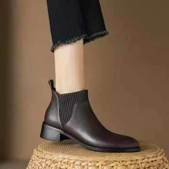 Ботильоны Chelsea женские на толстом каблуке 2023 осень/зима одинарные ботинки с круглым носком шерстяные ботильоны с открытым каблуком 35