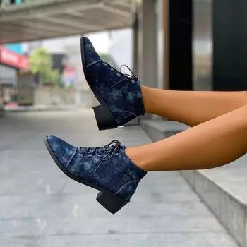 Ботильоны для девочек Ботинки челси с острым носком на среднем каблуке Зимняя обувь на шнуровке Лоферы Джинсовая обувь на низком каблуке Трендовая женская обувь 36