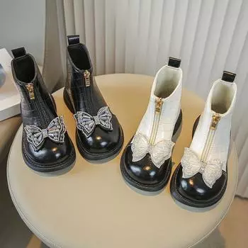 Ботильоны для девочек, детские сапоги на плоской подошве, со стразами, с молнией-бантом спереди, глянцевые модные детские сапоги-челси 2024 г. 24 чёрный
